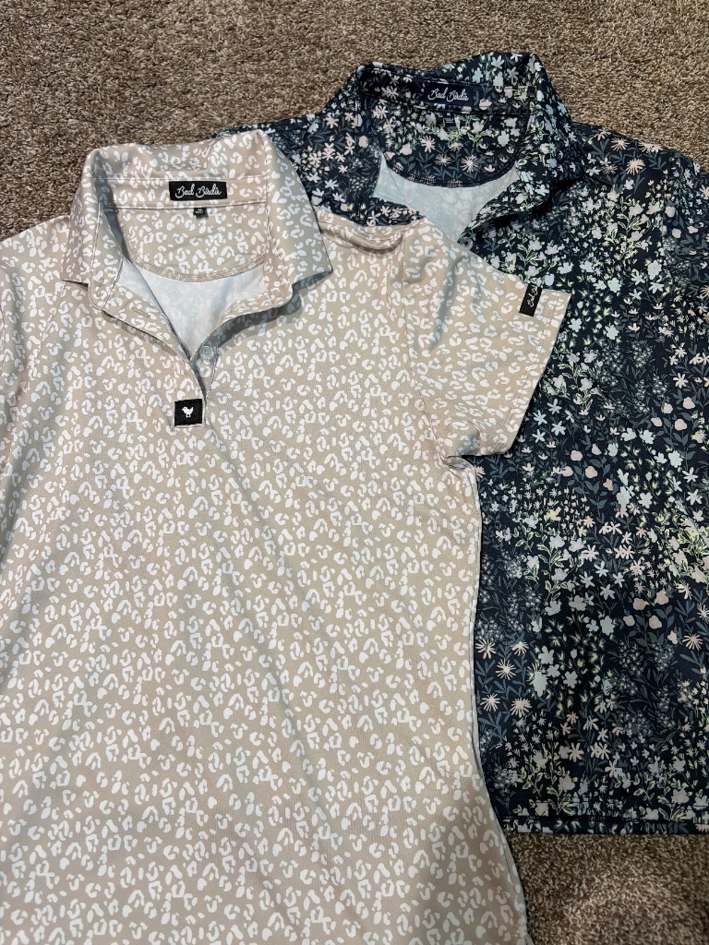 Bad Birdie Women’s Core Performance Polo Dove and super duper bloom